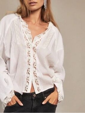 FREE PEOPLE |  Lace Trim Clemence Cottagecore Button Down Blouse | Medium